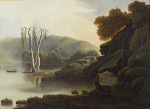 A rocky cliff overlooks a lake. Three figures in small boat sail toward trees. Woods and fog in the distance.